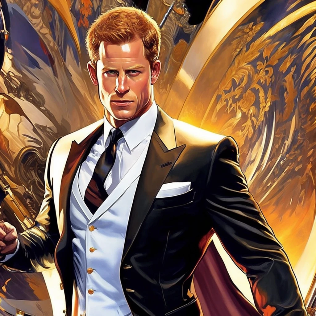 lustration in Leyendecker style : Muscular and pumped-up Prince Harry as James Bond , Agent 007, in an expensive suit