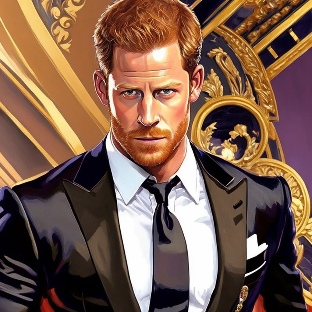 lustration in Leyendecker style : Muscular and pumped-up Prince Harry as James Bond , Agent 007, in an expensive suit