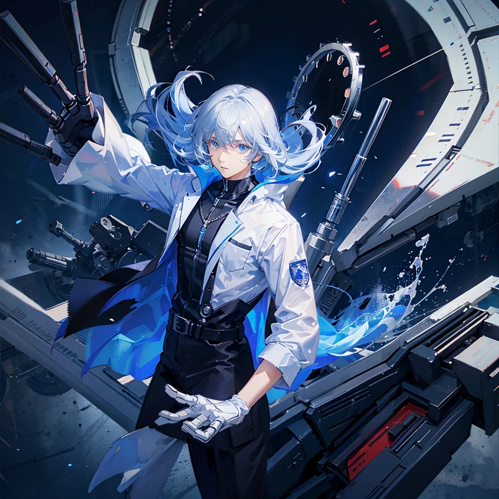anime man, lab coat, floating in a white space, mechanical arms, robotic chaos, blue lens