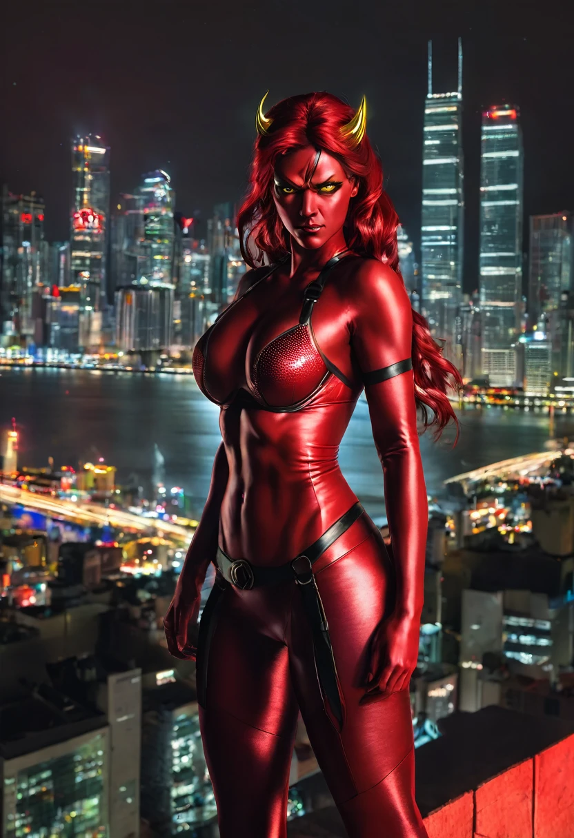 RedSheHulk, yellow eyes, red skin,
cityscape, night,
smug,