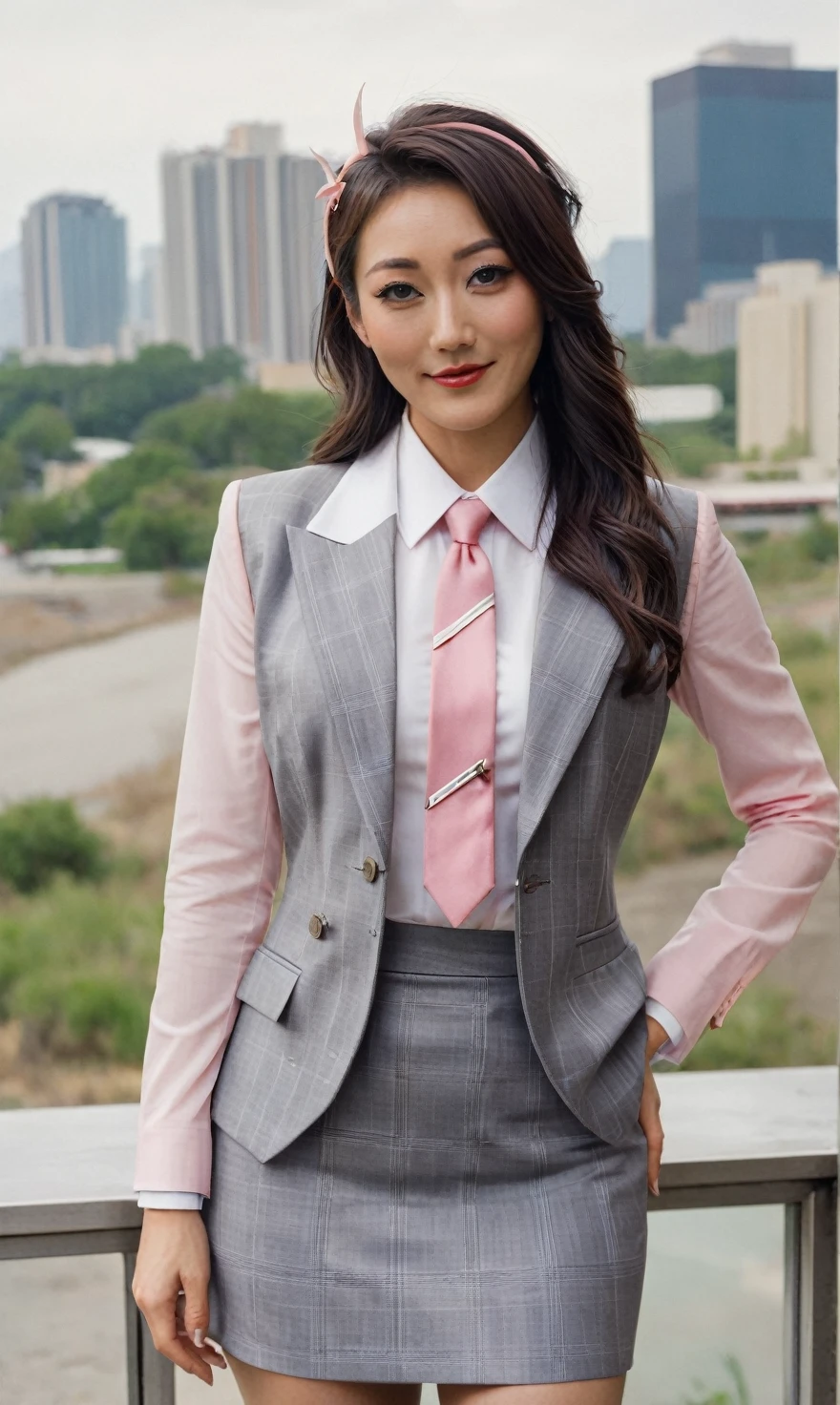 a beautiful picture of fukuharaXL ,woman,detailed skin texture,masterpiece, photorealistic, light, RAW color photo,(fully in frame:1.1), (blush:0.5), (goosebumps:0.5),(((light grey plaid silk skirt suit))), (((three-piece suit))), (((pink dress shirt with white collar))), contrast shirt collar, (((pink necktie))), (((blazer))), (((suit jacket))), (((waistcoat))), double-breasted waistcoat, (((bodycon miniskirt))), pocket square, cufflinks, tie clip,detailed face,outdoors, (smile:0.5), film grain,cinematic lightning,fujifilm ,detailed eyes,camera, smile, office background, hair down, makeup, lipstick, mascara, eyeliner, eyeshadow, silky glossy hair, high heels, pinup pose, hairband