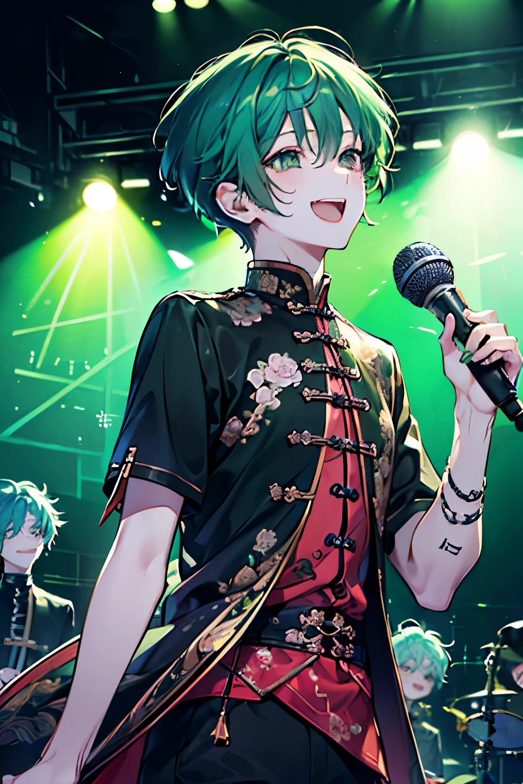 ((cute,kawaii,wonderland)),(Shy laugh、🥺),(Microphone Performance、Fansa:1.25),((boy,Men's,male:1.2)),((Live Stage:1.25)),((Punk clothing:1.25)),((male性アイドル:1.15)),Looking up,((Live Stage:1.25)),(Short Hair:1.3),((green、White、Light、black:1.1)),