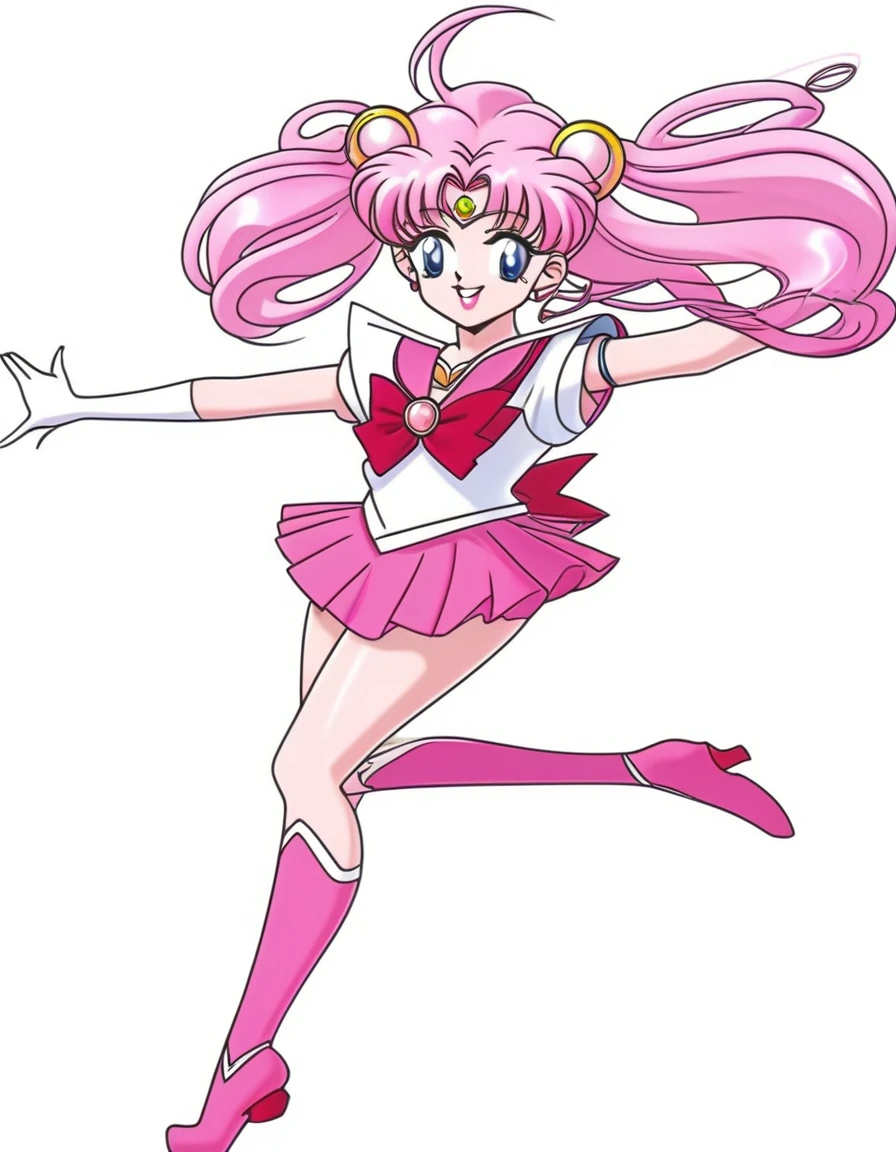 sailor girl in a pink dress and white top with a pink hair, sailor moon!!!!!!!!, the sailor moon. beautiful, pink iconic character, by Sailor Moon, sailor moon style, magical girl anime mahou shojo, inspired by Sailor Moon, pose(arms up + happy), style of magical girl, humanoid pink female squid girl, anime pose, shining pink armor