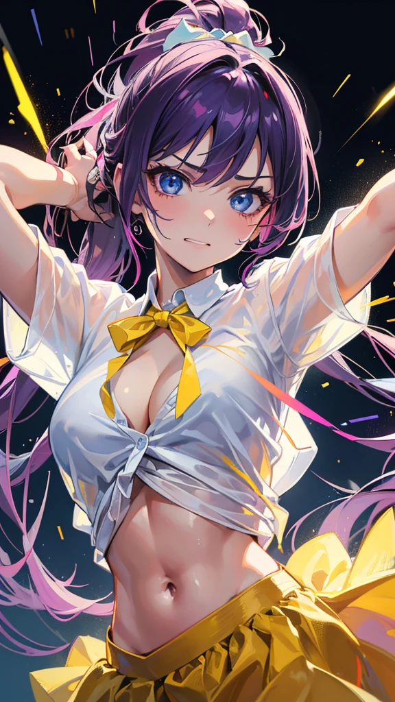 Best quality, Ultra detailed, best quality, insanely detailed, beautiful, masterpiece, 8k, 
break  
Colorful background, refraction Glowing white lines ,Crossing Light,light particles
break 
1lady, purple hair, long hair, high ponytail, yellow hair ribon , blue eyes, ultra detailed eyes, (white shirts:1.5), mooring,( yellow pants:1.1) ,abs, navel, (Shirt with hem tied in front:1.0), Showcasing cleavage,
Break
(Waltz:1.5), upper body, (great joy;1.5), evil grin, ,(scowl:1.1), (stare at viewer:1.5), ,(ecstasy:1.3) ,(vulgarity:1.3),(wet:0.8),(drooling:0.6),(sweat:0.8),