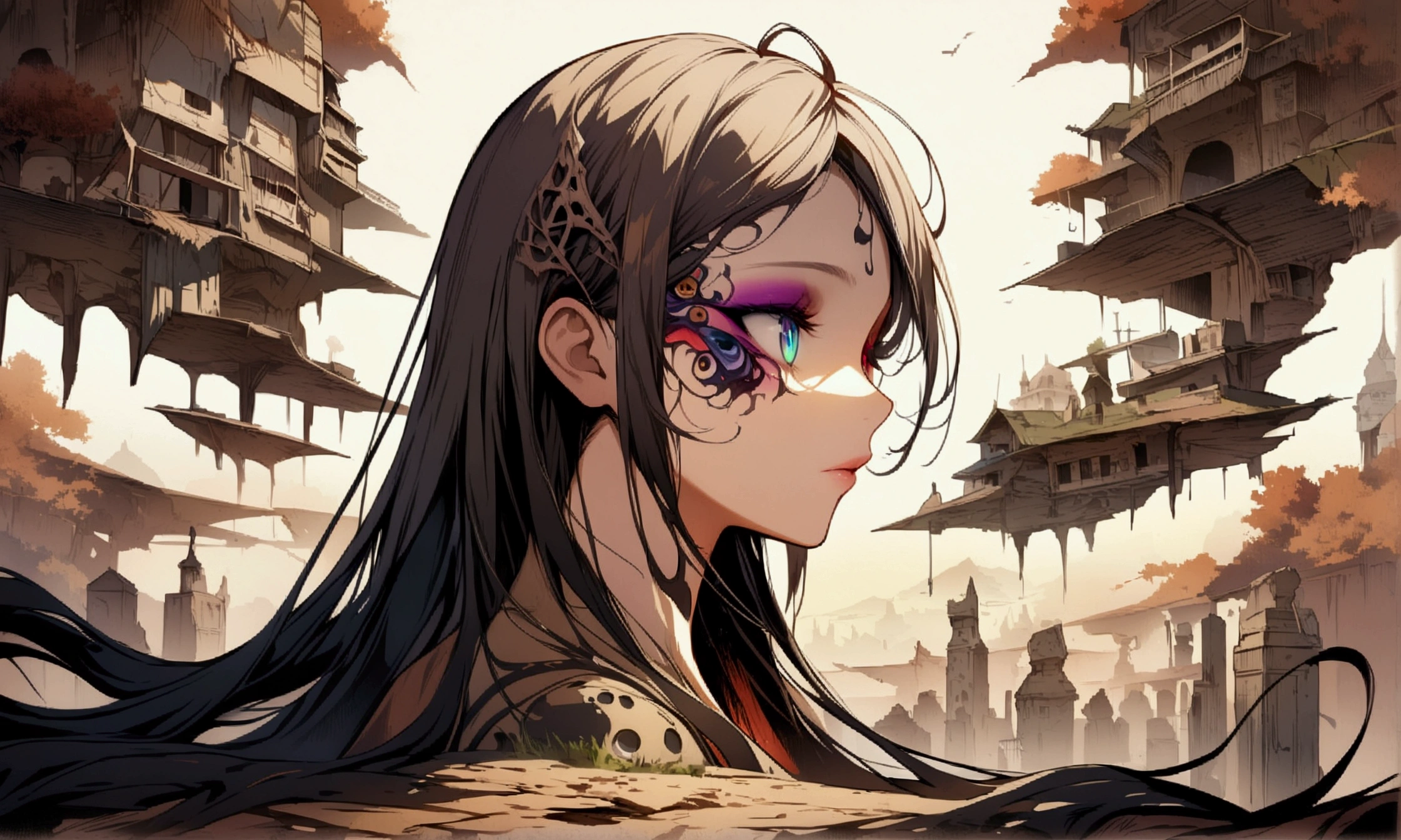 profile、super fine illustration,(((beautiful fine hair))),(((beautiful fine face))),(((beautiful fine background))),No people、Landscape without people、Ruined Background、Unusual sneakers、Eyeshadow on eyes、Unusual eye color、Eyes of Terror、Bright eyes、Cool Shot
