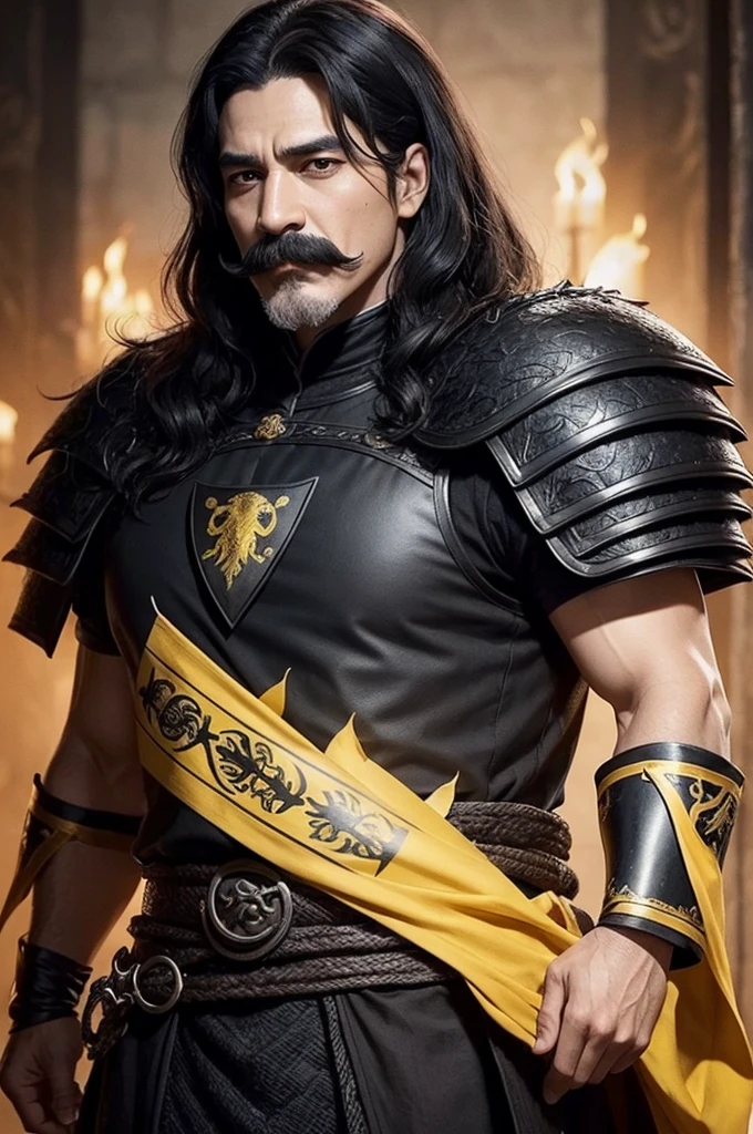 Create a black-haired Targaryen character with a mustache, he's handsome. He is wearing black armor with yellow banners with the symbol of his house.. He&#39;s riding his giant golden dragon.