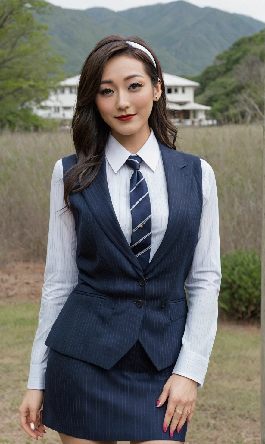 a beautiful picture of fukuharaXL ,woman,detailed skin texture,masterpiece, photorealistic, light, RAW color photo,(fully in frame:1.1), (blush:0.5), (goosebumps:0.5),(((navy pinstripe silk skirt suit))), (((three-piece suit))), (((light blue dress shirt with white collar))), (((necktie))), (((blazer))), (((suit jacket))), ((waistcoat)), double-breasted waistcoat, (((bodycon miniskirt))), pocket square, cufflinks, tie clip,detailed face,outdoors, (smile:0.5), film grain,cinematic lightning,fujifilm ,detailed eyes,camera, smile, office background, hair down, makeup, lipstick, mascara, eyeliner, eyeshadow, silky glossy hair, high heels, pinup pose, slender figure, hairband
