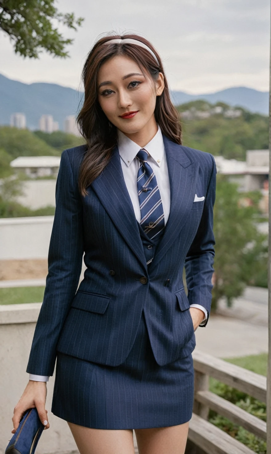 a beautiful picture of fukuharaXL ,woman,detailed skin texture,masterpiece, photorealistic, light, RAW color photo,(fully in frame:1.1), (blush:0.5), (goosebumps:0.5),(((navy pinstripe silk skirt suit))), (((three-piece suit))), (((light blue dress shirt with white collar))), (((necktie))), (((blazer))), (((suit jacket))), ((waistcoat)), double-breasted waistcoat, (((bodycon miniskirt))), pocket square, cufflinks, tie clip,detailed face,outdoors, (smile:0.5), film grain,cinematic lightning,fujifilm ,detailed eyes,camera, smile, office background, hair down, makeup, lipstick, mascara, eyeliner, eyeshadow, silky glossy hair, high heels, pinup pose, slender figure, hairband