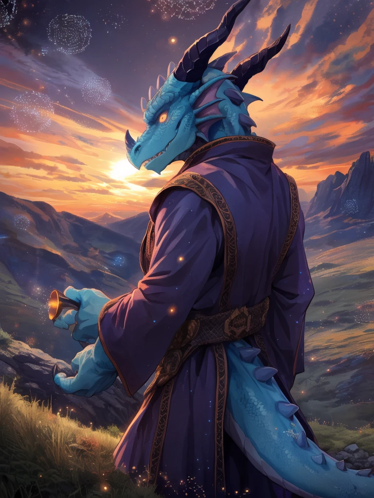 Solitary, male, mature male, (male anthro dragon:1.3), (Blue body:1.1), (permanent:1.3), (Beast field:1.2), (Sunset:1.23), armor, (robe), (look back:1.2), Looked up, (Rear view), landscape, cliff, dawn, horizon, Delicate eyes, portrait, Dragon Tail, trumpet, (Delicate eyes), (external:1.35), Grass, HILL, (cloud), (particle ,firefly, Blue glow:1.3), Detailed background, 8k HD, (Dark Shadows, Wide dynamic range, HDR, Low light:1.2), Pino Deheny, Balazocu, [by Dagasi, From zixiong], Cyber Games, author：null-ghost, (landscape)