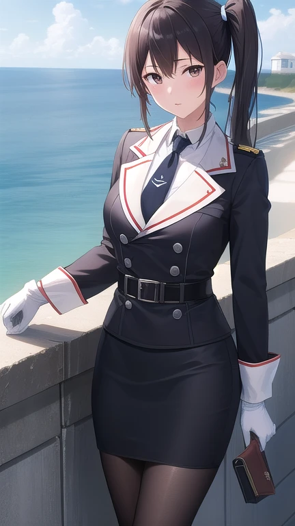 ((masterpiece)),(best quality),official art,extremely detailed CG,unity 8k wallpaper,ultra detailed,A lighthouse on a cliff by the sea,1girl,solo,cowboy shot,nachi (kantai collection),black belt,collar,black hair,black neckwear,black skirt,purple jacket,brown eyes,high heel boots,absurdly long hair,long sleeves,looking at viewer,medium breasts,pencil_skirt,white pantyhose,side ponytail,military uniform,white gloves,