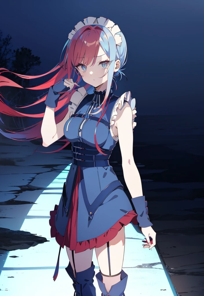 ((sharp focus)),((split-color hair , red hair , light blue hair)),[(cathedral background:1.4)::5],original,(illustration:1.1),(best quality),(masterpiece:1.1),(extremely detailed CG unity 8k wallpaper:1.1), (colorful:0.9),(mid shot:0.95),(full body:1.5),Dynamic angle,(solo:1.2), (girl),((adult)), (detailed beautiful eyes:1.15), (beautiful face:1.15), (glowing red eyes:1.25////),((medium hair)),((split-color hair , red hair , light blue hair)),(high twintails),(chignon),(+perfect hand+:1.21),(Draw an illustration of a gothic girl),(Religious),(slender),(is wearing boots on her feet),((is wearing white maid clothes)),(furious), Lace Off-shoulder lolita fashion,beautiful slender woman,high twintails,full body,mini skirt,((split-color hair , red hair , light blue hair)),((black long boots)),((mini skirt)),((adult)),((dynamic angle)),((split-color hair , red hair , light blue hair)),((split-color hair , red hair , light blue hair)),((black long boots)),((black long boots)),((split-color hair , red hair , light blue hair)),((split-color hair , red hair , light blue hair)),