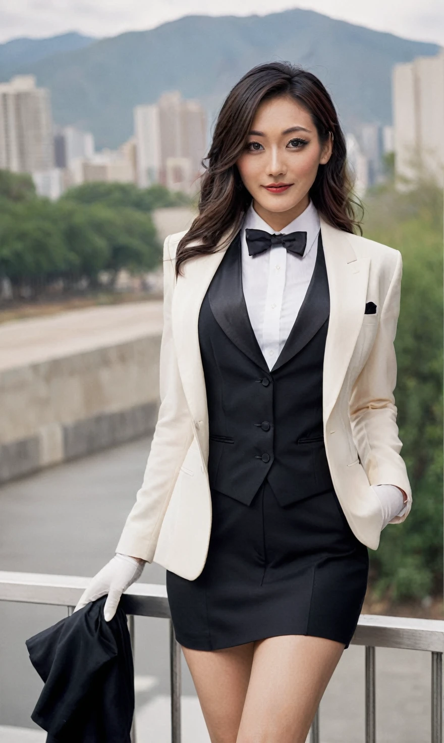 a beautiful picture of fukuharaXL ,woman,detailed skin texture,masterpiece, photorealistic, light, RAW color photo,(fully in frame:1.1), (blush:0.5), (goosebumps:0.5),(((black silk skirt suit))), (((three-piece suit))), (((tuxedo))), (((dress shirt with white collar))), (((black bowtie))), (((blazer))), (((dinner jacket))), ((waistcoat)), double-breasted waistcoat, (((bodycon miniskirt))), pocket square, cufflinks, white gloves,detailed face,outdoors, (smile:0.5), film grain,cinematic lightning,fujifilm ,detailed eyes,camera, smile, office background, hair down, makeup, lipstick, mascara, eyeliner, eyeshadow, silky glossy hair, high heels, pinup pose, slender figure