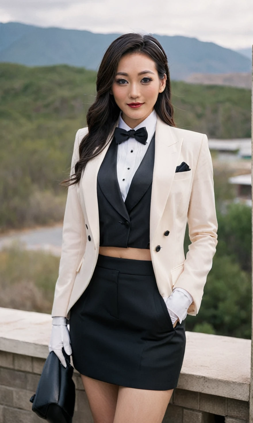 a beautiful picture of fukuharaXL ,woman,detailed skin texture,masterpiece, photorealistic, light, RAW color photo,(fully in frame:1.1), (blush:0.5), (goosebumps:0.5),(((black silk skirt suit))), (((three-piece suit))), (((tuxedo))), (((dress shirt with white collar))), (((black bowtie))), (((blazer))), (((dinner jacket))), ((waistcoat)), double-breasted waistcoat, (((bodycon miniskirt))), pocket square, cufflinks, white gloves,detailed face,outdoors, (smile:0.5), film grain,cinematic lightning,fujifilm ,detailed eyes,camera, smile, office background, hair down, makeup, lipstick, mascara, eyeliner, eyeshadow, silky glossy hair, high heels, pinup pose, slender figure