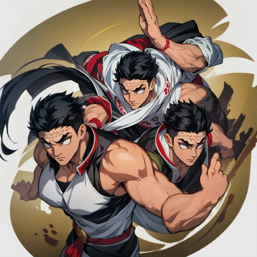 1male, Black hair, white eyes, Gyomei Himejima (best quality, masterpiece: 1.4), Fight position, ready to fight, fighting pose, mad, huge body