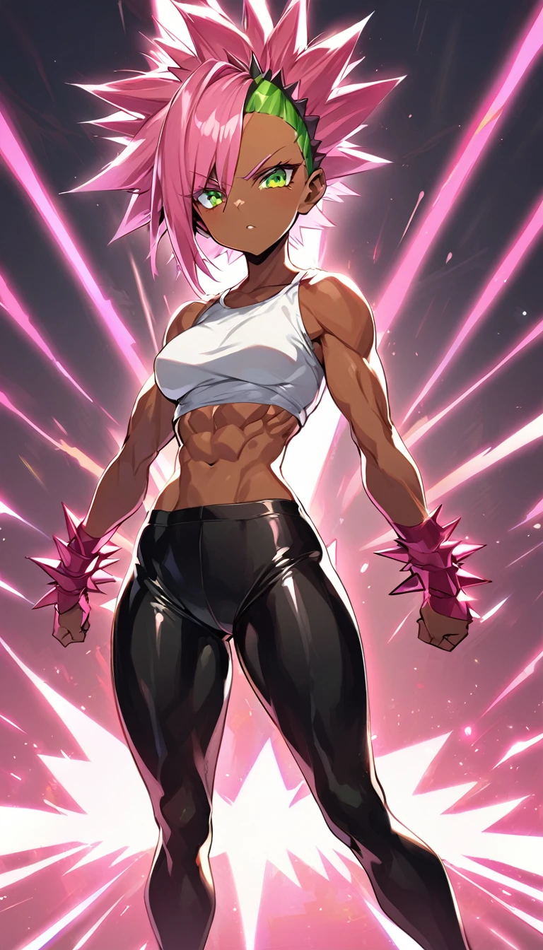 a girl, Saiyan, dark and strong super saiyan pink hair, super saiyan pink, spiky, green eyes, defined muscles, thin waist, wide hips, dark skin, medium breasts, tight clothes, white t-shirt, black pants, pink rays around , black rays all around
