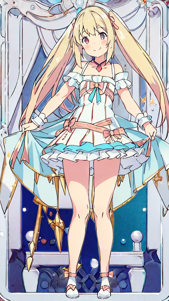 ((masterpiece))((Highest quality))girl、smile、blush、Flat Chest、Are thin、Blonde Hair、blush、Are standing、Whole body image、Eye level to the feet、front、No background、真frontのアングル、Alice Clothing、Twin tails