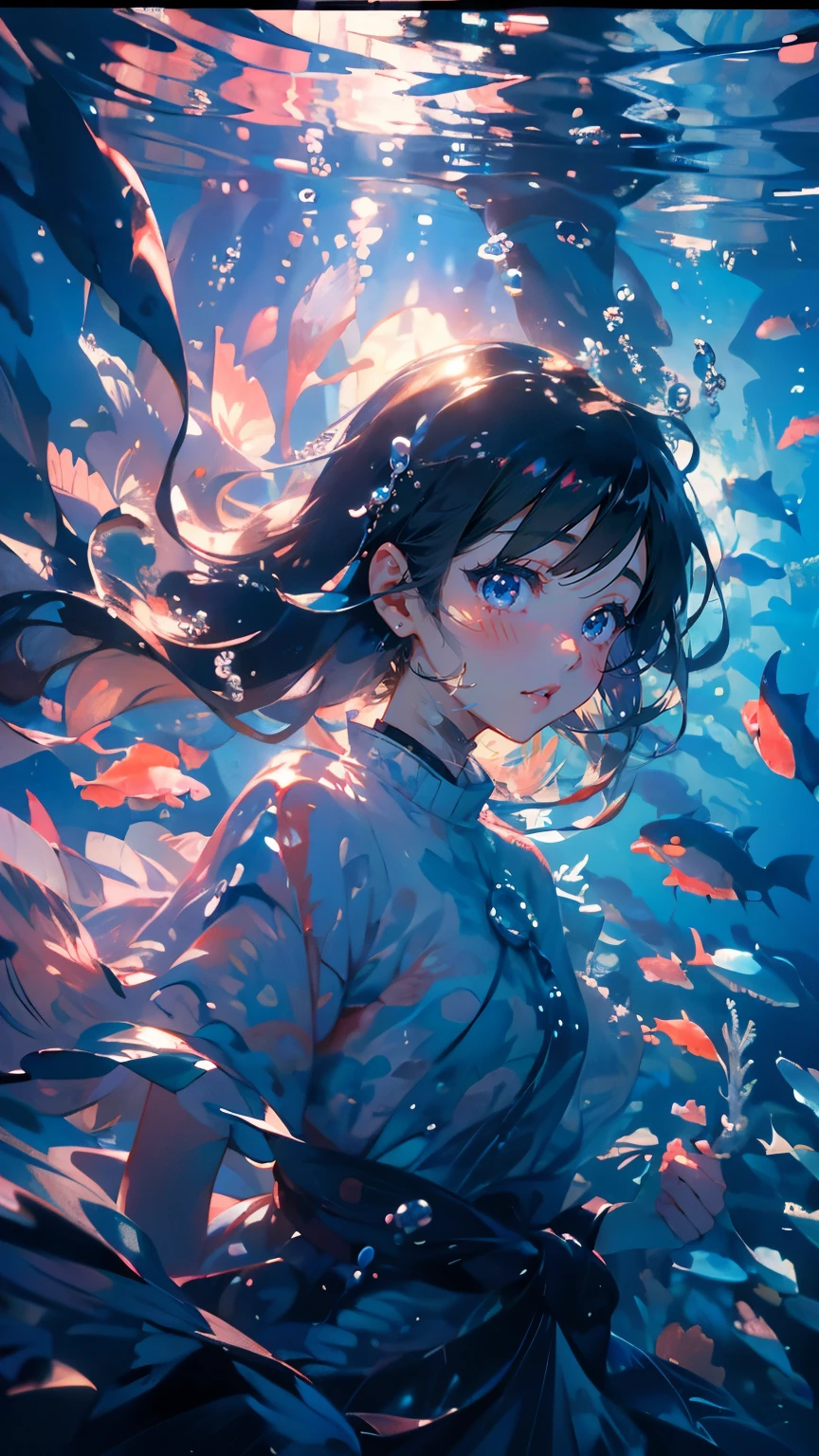 (masterpiece)、(Highest quality)、Very detailed、Perfect Face、solo、Upper Body、front、(Underwater:1.4)、Ocean、Coral Reef、Light、bubble、jellyfish、Oceanの藻、(深Ocean:1.4)、Fantasy、Ocean底、Floating objects、Red dress、Close-up of face、smile