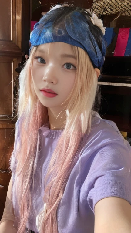 arafed woman con cabello rosado wearing a blue headband and blue eyes , parque roseanne de blackpink, Lalisa Manobal, portrait of jossi de blackpink, Lalisa Manoban de Blackpink, con pelo largo y blanco, jossi de blackpink, Jaeyeon Nam, con el pelo largo y blanco, su cabello es blanco, con cabello rosado, pelo liso rosa, jinyoung shin