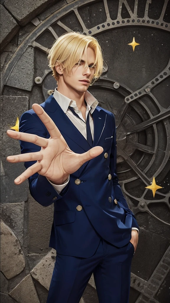 a man with blond hair, with a blue suit set, brave humor