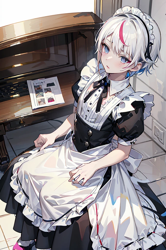 1 chico, maid, white with rainbow tips, male gender, white hair with multicolor tips, Alone, White background, grey eyes, blush on her cheeks, small birth, pink lips... male gender