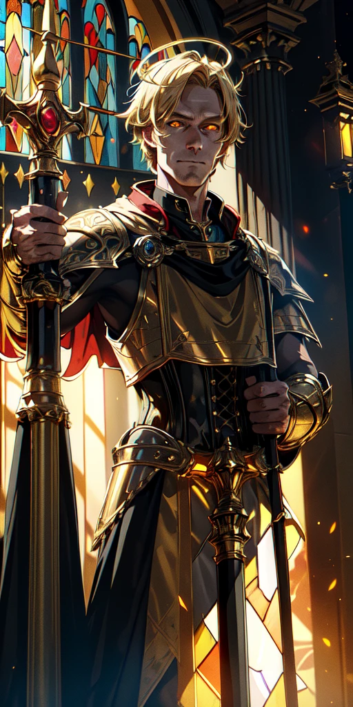 upper body of lord paladin in ornate golden armor, black collar, walking sticks, breastplate, corset, halo brilhante, blond, bright yellow eyes, shiny pupils, eye focus, red cloak, temple indoors, stained-glass windows, natta, moonlights, particles, ray of light, Chromatic aberration