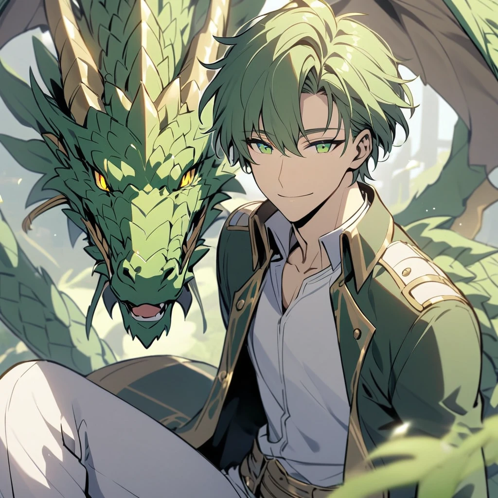 Handsome, solo, male, short hair, green hair, green eyes, smile facial, white shirt, white pant, green and gold coat, green dragon