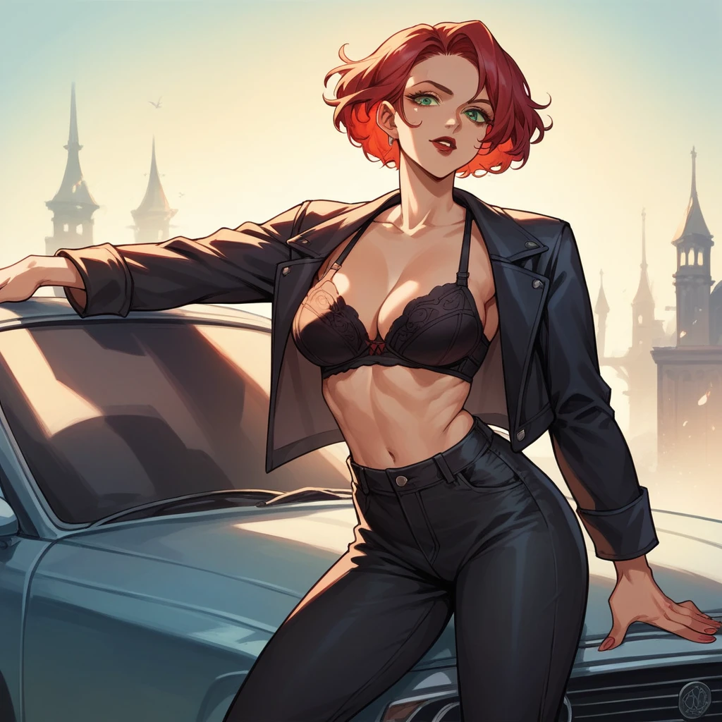 beautyfull red hair woman, short hair, mature, slender body, black jacket, black pants, black bra, red lipstick, green eyes, in the side of a purple car