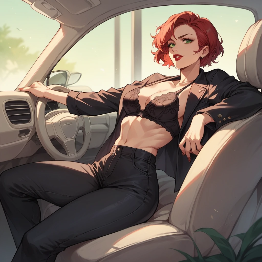 beautyfull red hair woman, short hair, mature, slender body, black jacket, black pants, black bra, red lipstick, green eyes, in the side of a purple car