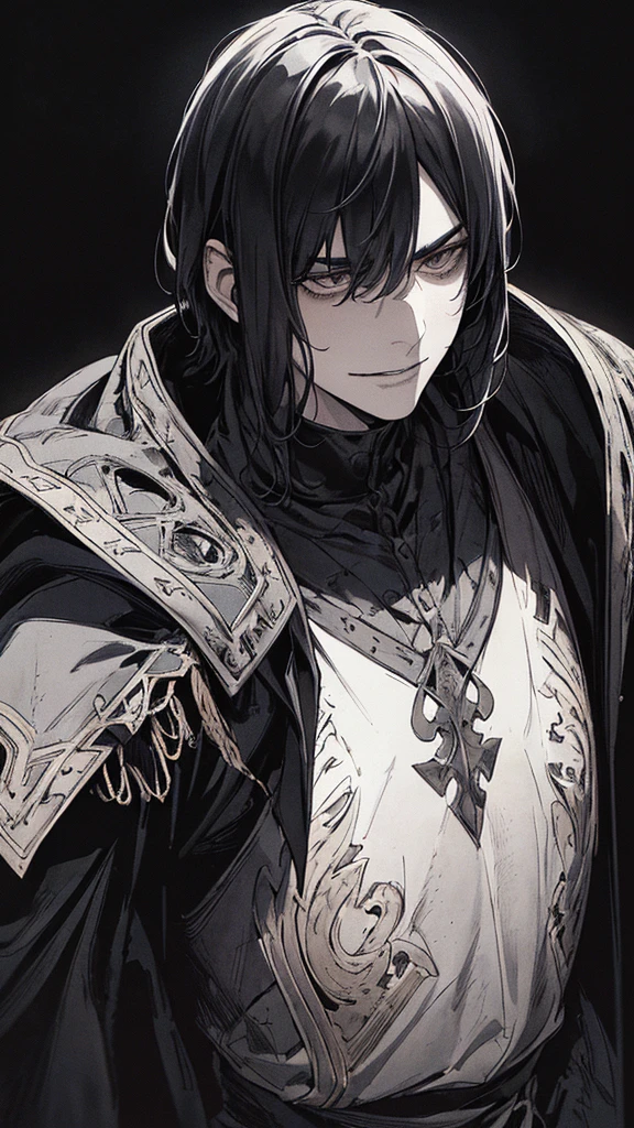 Best quality, (background_detail), high_contrast, detail_original_illustration, warrior, muscular, villain_face, armored, full_body, medieval, crease_brow, young_man, 20s_male, bangs_up, short_hair, dark_stitch_landscape, (dramatic_lighting:1. 25), (shaded_ background:1.2), black_hair, (short black hair:) 1.1 ), large figure, delicate face, evil smile, sharp eyes, black background, (black background:1.5), beautiful line drawing, black and white
Translated with DeepL.com (free version)
