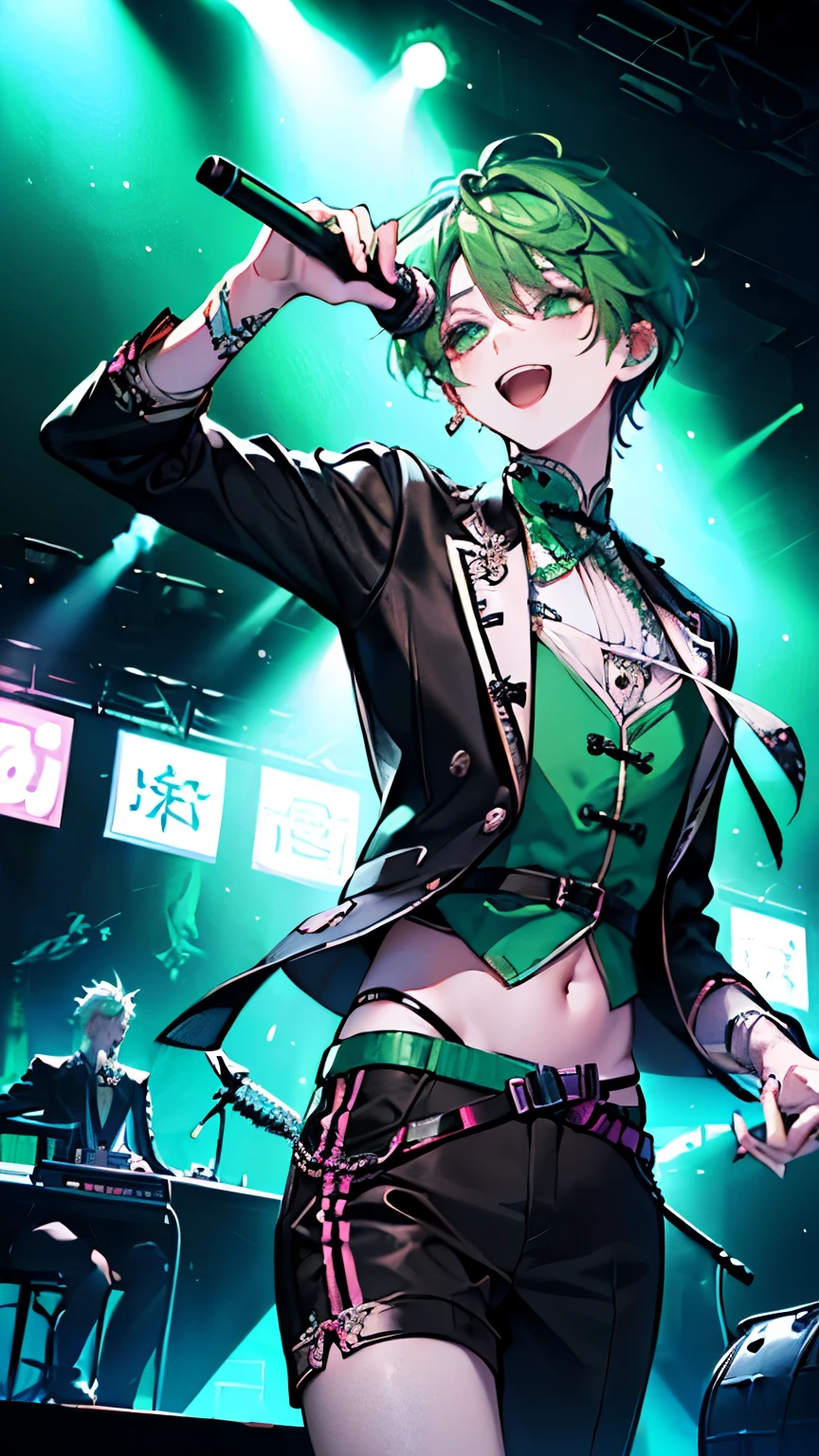 (((masterpiece,Highest quality))),(((A male anime character with a multi-colored, spiky hairstyle, sunglasses, and a somewhat revealing patent leather jacket and Visual Kei outfit.))),((Wearing a small hat at an angle)),(((Sitting on the drum set and playing))),(((Playing the drum set on a live stage,Sweating and laughing as he hits the ball))),Focus on the upper body,(high quality),アニメ,rainbow highlights hair,streaked hair