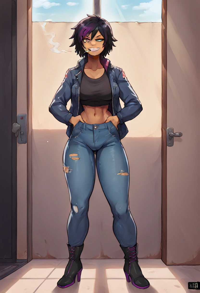 a 28-year-old girl resembling a gogo tomago with an already developed body and messy black hair at shoulder length with a purple lock, a closed, confident smile, wearing a denim jacket with fabric sleeves with a black top and Tight navy blue pants and long high-heeled boots, she is in a school bathroom with rays of sun coming out of a window, she smokes a cigarette and leans against a door looking at the camera., comic style, dark colors, Futanari, huge cock, 