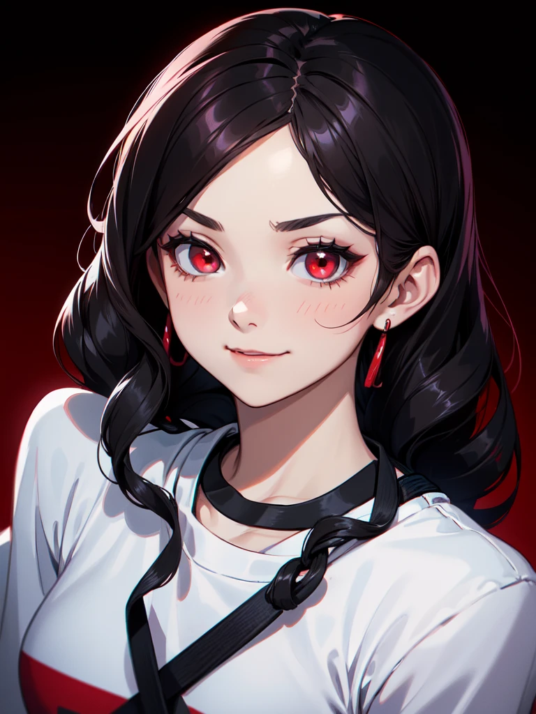 (((Portrait Photo))), She is a Young Girl with a Small, Athletic Build, and a Youthful Charm. She has Long, Wavy, Black Hair, Styled in Loose Waves that Flow Wildly. Her Intense Red Eyes Express a Silly and Happy Look, Giving Off a Childish and Immature Attitude. She Usually Wears an Oversized, Baggy Red Cropped Sweatshirt. (((High Quality, Dark Background))), (((Portrait Photo)))