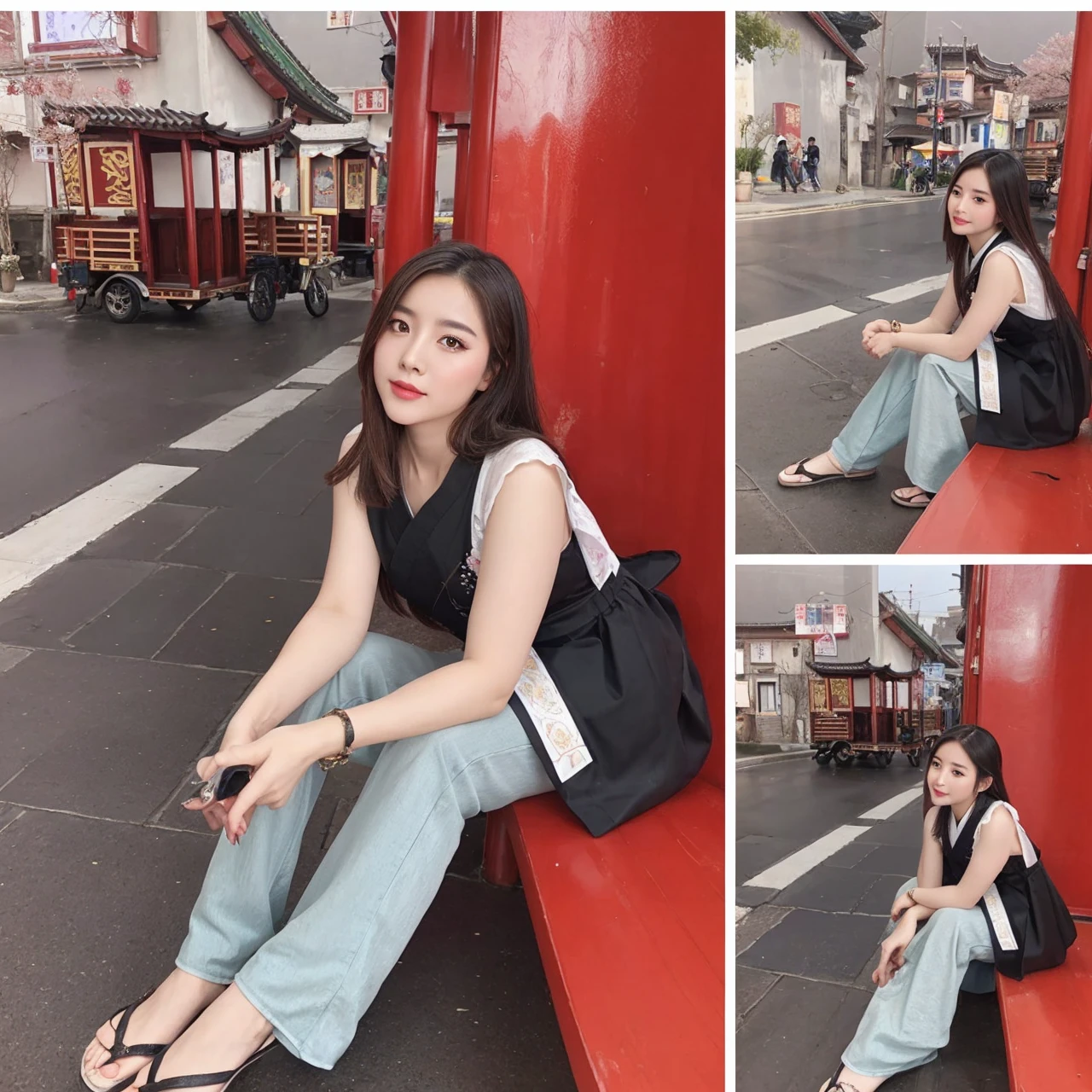 a beauty girl ,wear gorgeous hanfu, Chinese style buildings, landscape