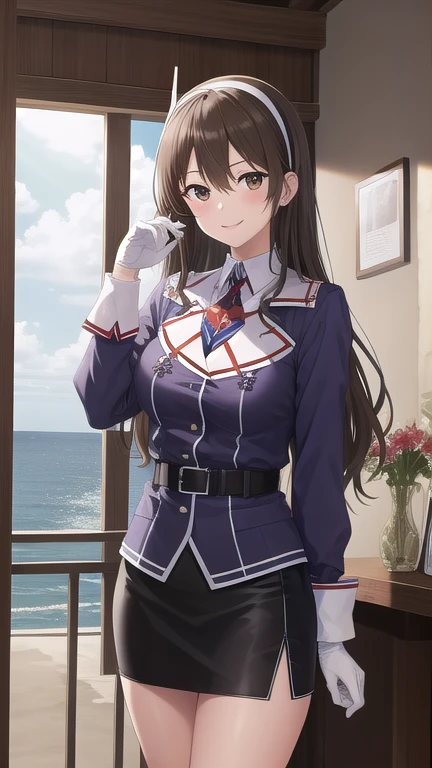 ((Masterpiece)),(Best Quality),Official Art,CG extremadaminte detallado,unity wallpaper 8k,ultra detailed,A lighthouse on a cliff by the sea.,1 girl,Alone,cowboy shot,long_Hair,Brown_Hair,purple_Jacket,pencil_Skirt,negro_Skirt,White_shackles,White_gloves,wavy_Hair,Brown_eyes,White_Hairband,long_sleeves,SMILE,belt,looking_in_viewer,military_uniform,open_boca,