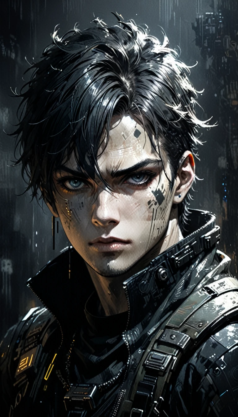 intricate detailed character portrait of 1 boy, fantasy character design, cyberpunk, dark moody lighting, dramatic chiaroscuro lighting, cinematic composition, ashley wood style, gritty grunge texture, sharp focus, hyper detailed, 8k, (best quality:1.2), (photorealistic:1.37)