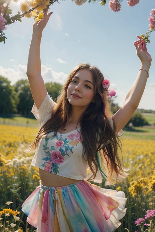 A whimsical girl with long, flowing hair made of flowers, dancing in a field of vibrant colors. Rendered in a dreamy, watercolor style.