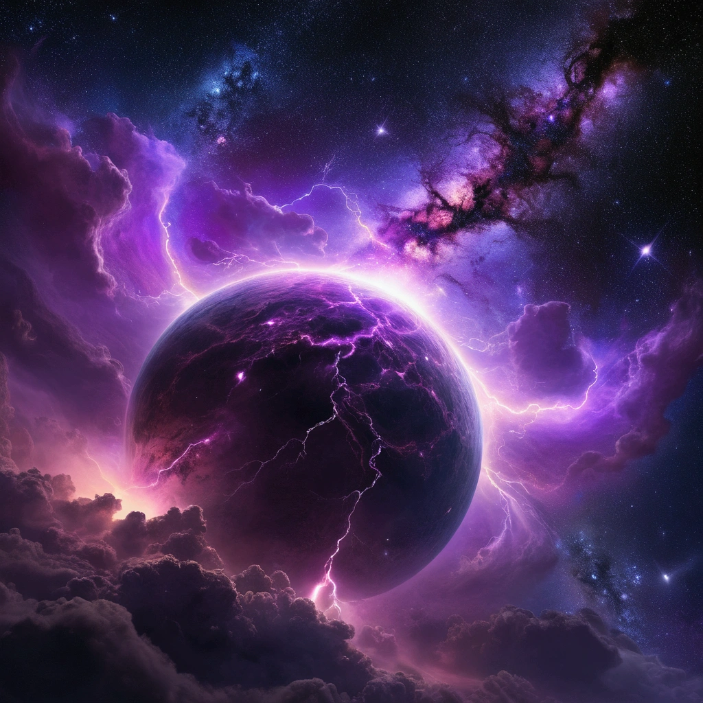 In the vast expanse of the cosmos, a nebula-shaped creature emerges before the serene surface of a distant planet. The creature's ethereal form undulates with an iridescent glow, as if infused with the essence of stardust. Amidst the swirling vortex of black and purple hues, lightning bolts crackle through the darkness, casting an otherworldly ambiance upon the celestial scene.