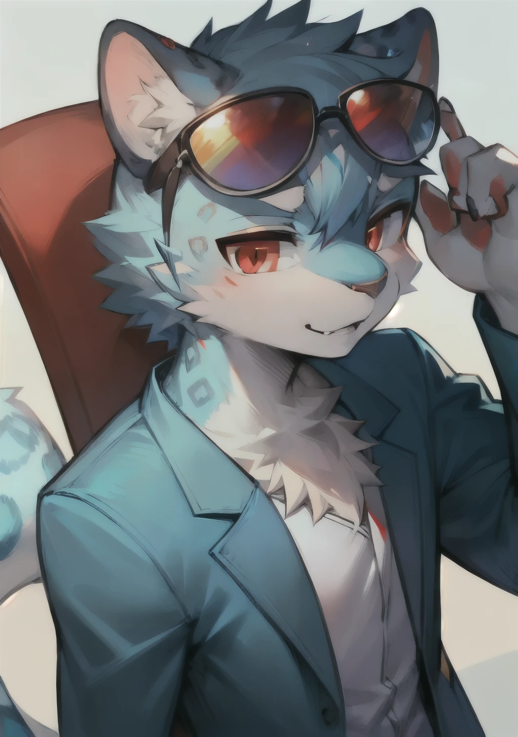 Snow leopard, male, anthro, wears light blue jacket, red eyes, sunglasses on head, sunny day, best quality, Masterpiece