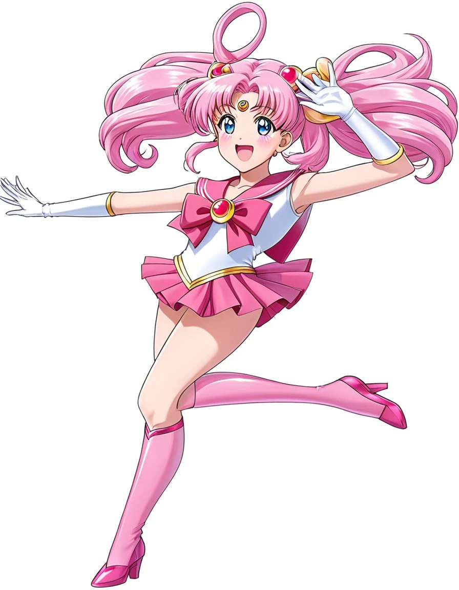 sailor girl in a pink dress and white top with a pink hair, sailor moon!!!!!!!!, the sailor moon. beautiful, pink iconic character, by Sailor Moon, sailor moon style, magical girl anime mahou shojo, inspired by Sailor Moon, pose(arms up + happy), style of magical girl, humanoid pink female squid girl, anime pose, shining pink armor