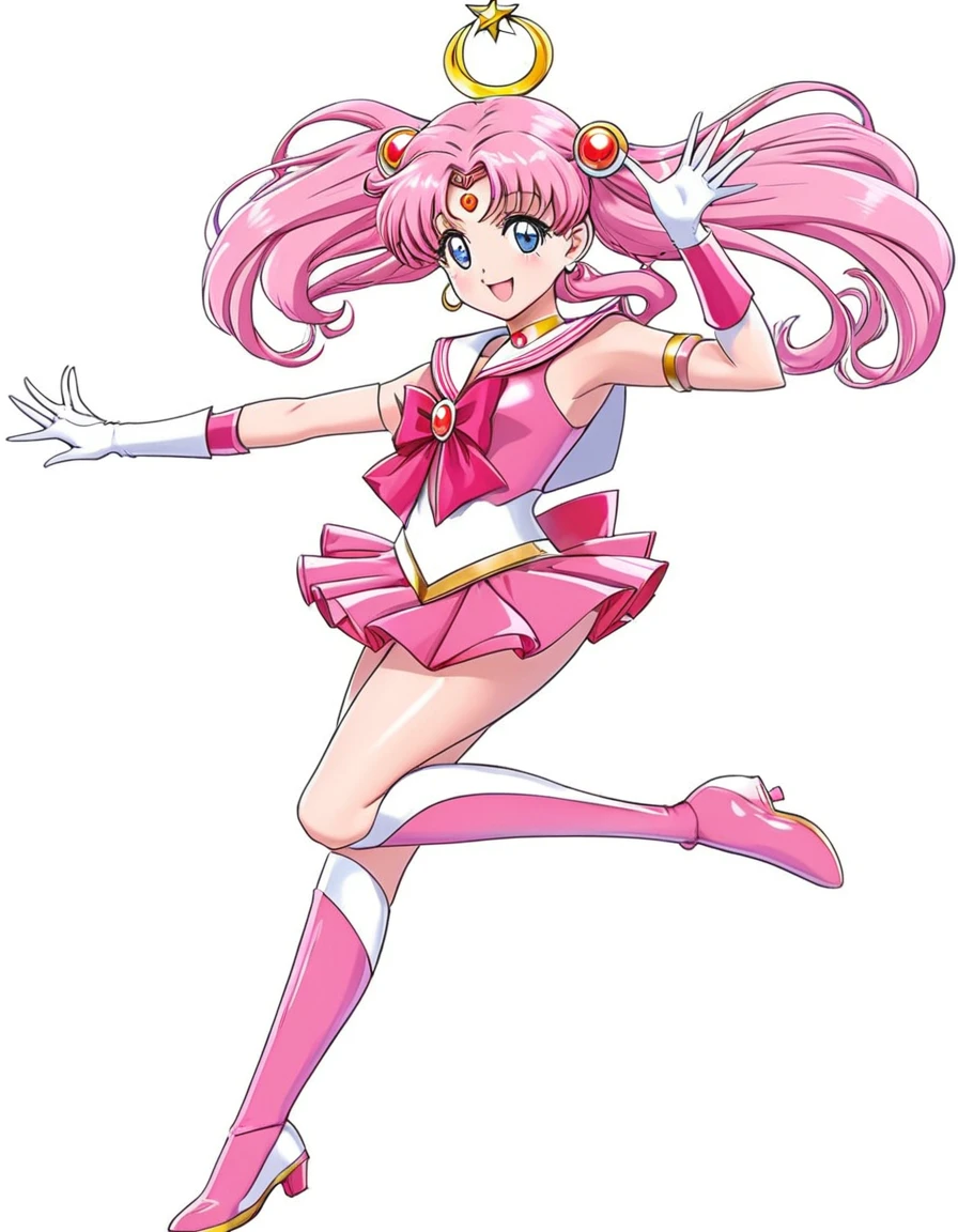 sailor girl in a pink dress and white top with a pink hair, sailor moon!!!!!!!!, the sailor moon. beautiful, pink iconic character, by Sailor Moon, sailor moon style, magical girl anime mahou shojo, inspired by Sailor Moon, pose(arms up + happy), style of magical girl, humanoid pink female squid girl, anime pose, shining pink armor