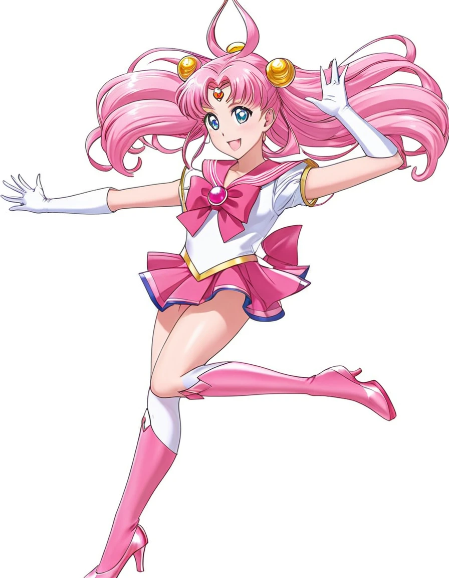 sailor girl in a pink dress and white top with a pink hair, sailor moon!!!!!!!!, the sailor moon. beautiful, pink iconic character, by Sailor Moon, sailor moon style, magical girl anime mahou shojo, inspired by Sailor Moon, pose(arms up + happy), style of magical girl, humanoid pink female squid girl, anime pose, shining pink armor