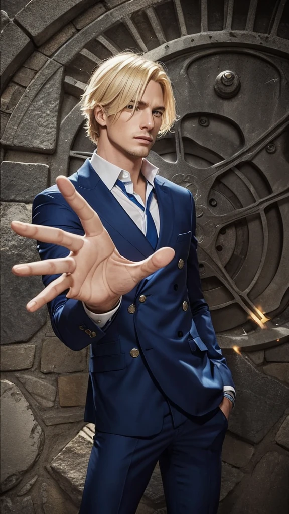 a man with blond hair, with a blue suit set, brave humor