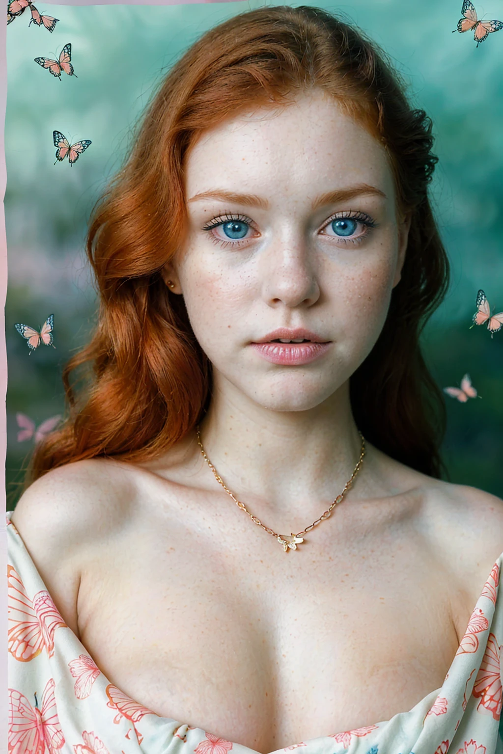 **Analog photography of a redhead girl, 18 years old, with blue eyes, soft makeup, and bold pink puffy lips. Her curly hair frames her very pale skin, highlighting her huge round breasts, she is dressed in a lingerie-set, and gold-wide chains. Oversized eyeglasses(that frame her face), and wears platform-heels on feet.** She is captured on a cute print-blanket, (her mouth is slightly open, her lips almost touching her shoulder), Ethereal atmosphere, The fine art style, attention to details and soft pastel color palette creates a narrative that's both enchanting and delightful. Second Exposure: An overlay of a BUTTERFLIES Description: ((The double exposure creates a magical blend where the girl appears to be part of the natural BUTTERFLIES flowers-symbolizing the harmony between humanity and nature. The Chemistry-print background give the image a scientific-like quality)). ((from the above view)). (((in a NEON pink/INDIGO colors palette theme))) ((CLOSE UP SHOT, WITH HER BOLD PINK LIPS)), ((FROM THE ABOVE VIEW))
