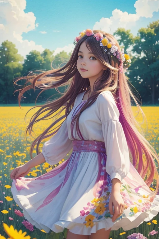 A whimsical girl with long, flowing hair made of flowers, dancing in a field of vibrant colors. Rendered in a dreamy, watercolor style.