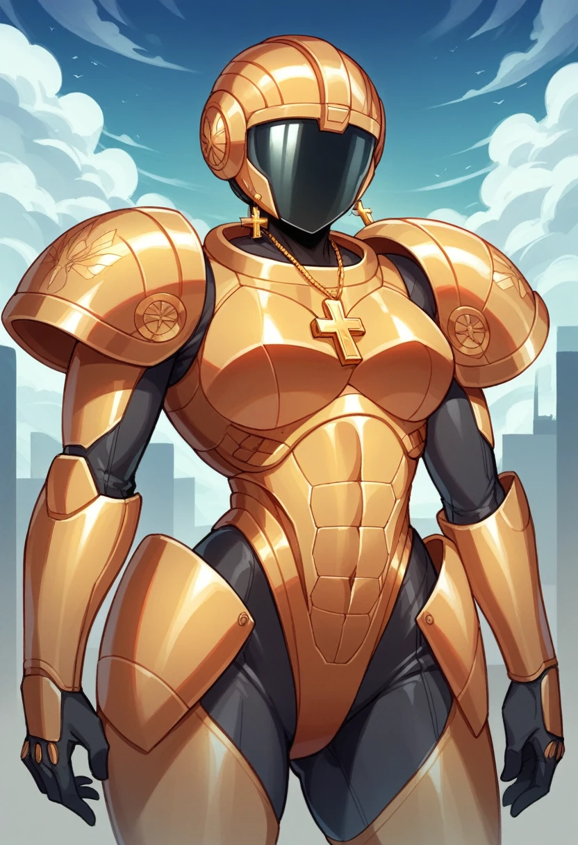 technological cyber warrior, rich woman, beautiful, silver and golden cyber suit, silver and golden cyber helmet, her face can be seen despite her helmet, she is wearing the helmet, gold earrings, gold cross necklace, 20 years old, tall, short black hair, he has a huge cyber rifle in his hand, shadow details, light details, Behind the city that is about to be destroyed, 8K Image quality, background details