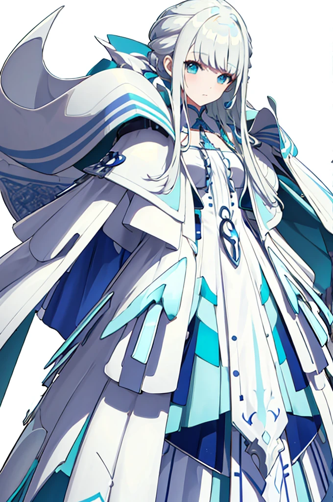 sharp focus,whole body、Character portrait、White Hair、Blue-green eyes、Long Hair、Straight Hair、White dress、White shoeysterious、White background