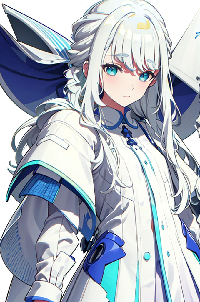 sharp focus,whole body、Character portrait、White Hair、Blue-green eyes、Long Hair、Straight Hair、White dress、White shoeysterious、White background