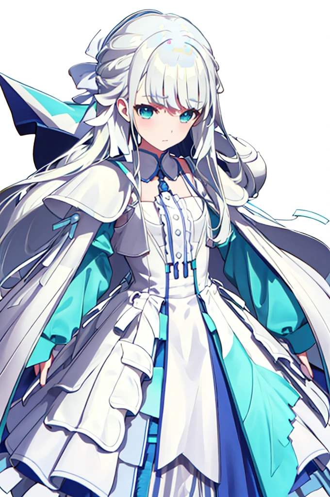 sharp focus,whole body、Character portrait、White Hair、Blue-green eyes、Long Hair、Straight Hair、White dress、White shoeysterious、White background