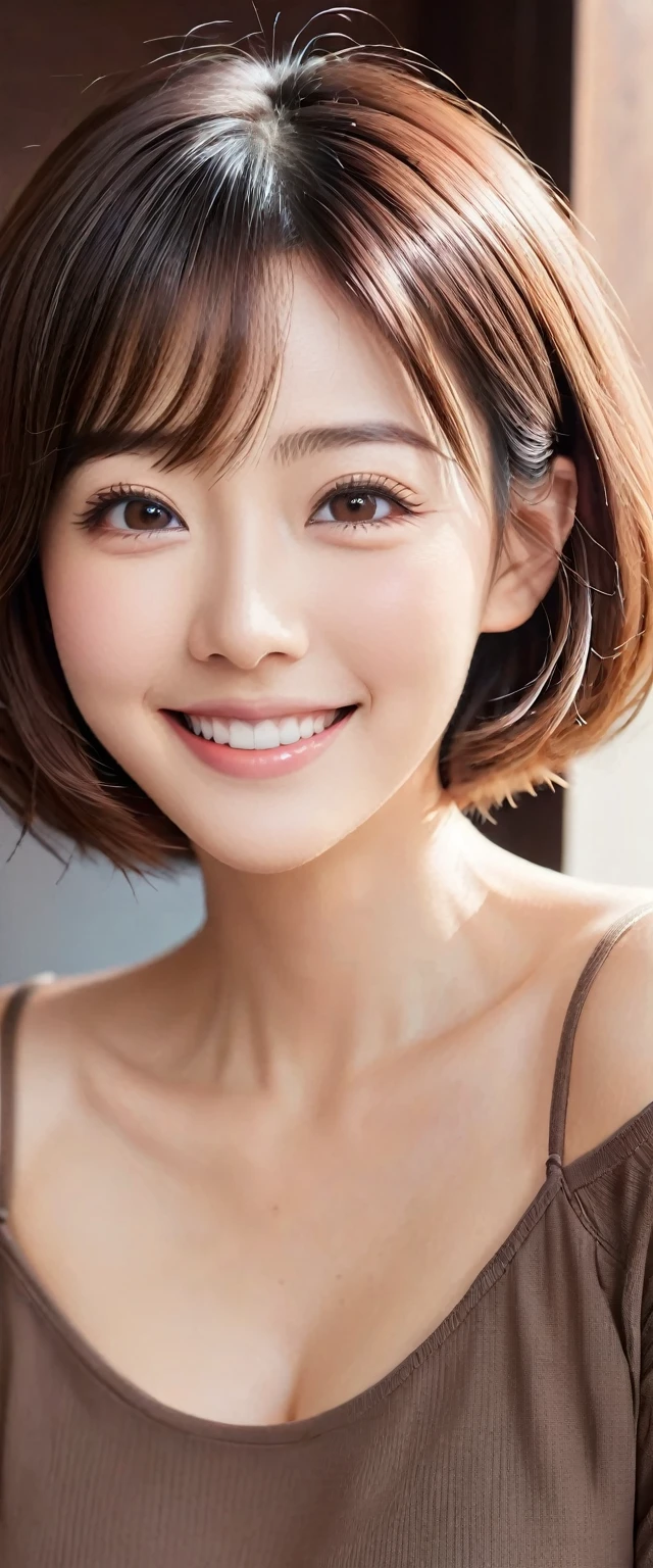 Beautiful 30 year old Japanese woman、Cowboy Shot、、One-length short bob cut、Dark brown eyes、detailedな目、detailedな虹彩、detailedな顔、Brown Hair Color、Beautiful Hair、Big smile (Facing the viewer)、Off-the-shoulder plain T-shirt、Long skirt、Perfect business makeup、Glossy Lips、Shooting in front of the door、Portrait、Exquisite details、Depth of written boundary、(detailedな顔: 1.2)、(detailedな目: 1.2)、(detailedな背景)、(Gradation)、Shiny skin、Sharp focus、8k、uhd、high quality、Exquisite details、非常にdetailedな、Captivating silhouette、(Very beautiful face: 1.2)、Facing the viewer、Mature Woman、Mature Woman、((Center image))、detailed、masterpiece、Full body photo、
