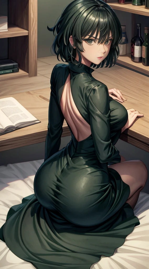 A woman in a green dress sitting on a shelf,fubuki de Um Soco Homem, Beautiful anime girl crouching, fubuki, thicc, she wears a dark green dress, fubuki, peeping from behind, Back posture, Total growth behind, Growing from behind,  seductive anime, anime woman